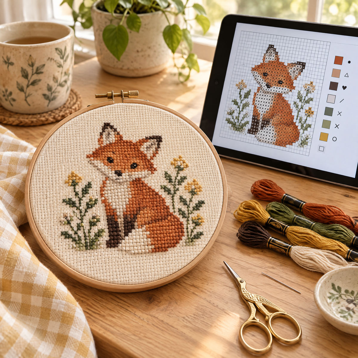 Finished cross stitch fox in a hoop